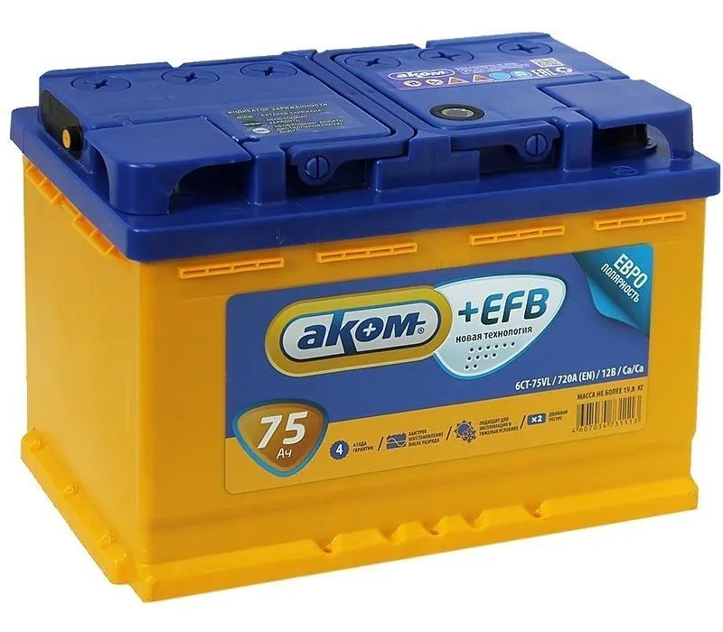 Аккумулятор AKOM EFB 75 Ач, 700 А, 12 v, Обратная R+ (0), DIN L3, B13