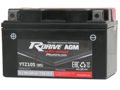 Аккумулятор RDrive YTZ10S-BS eXtremal Platinum AGM 9.1 Ач, 150 А, 12 v, Прямая L+ (1)