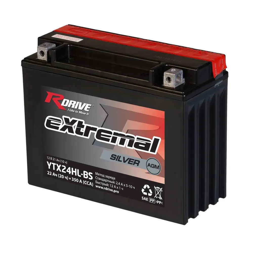 Аккумулятор RDrive YTX24HL-BS eXtremal Silver AGM 22 Ач, 350 А, 12 v, Обратная R+ (0)