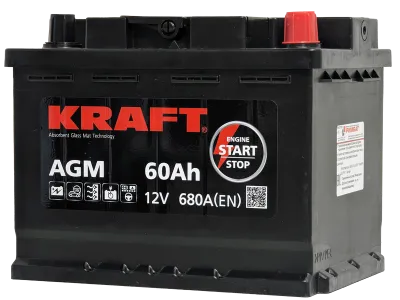 Аккумулятор KRAFT AGM 60 Ач, 680 А, 12 v, Обратная R+ (0), DIN L2, B13