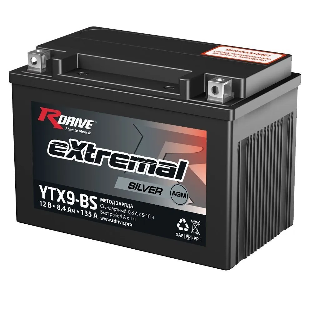 Аккумулятор RDrive YTX9-BS eXtremal Silver AGM 8.4 Ач, 135 А, 12 v, Прямая L+ (1)