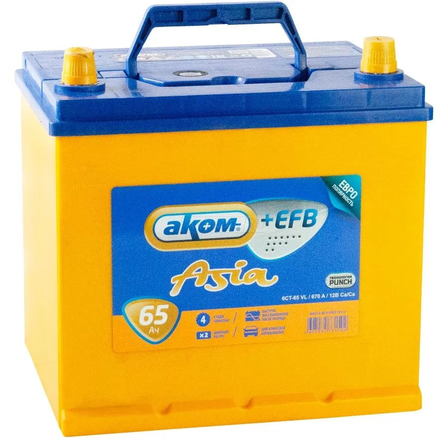 Аккумулятор AKOM EFB 65 Ач, 700 А, 12 v, Обратная R+ (0), JIS D23, B00