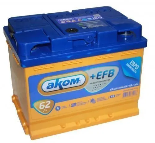 Аккумулятор AKOM EFB 62 Ач, 580 А, 12 v, Обратная R+ (0), DIN L2, B13