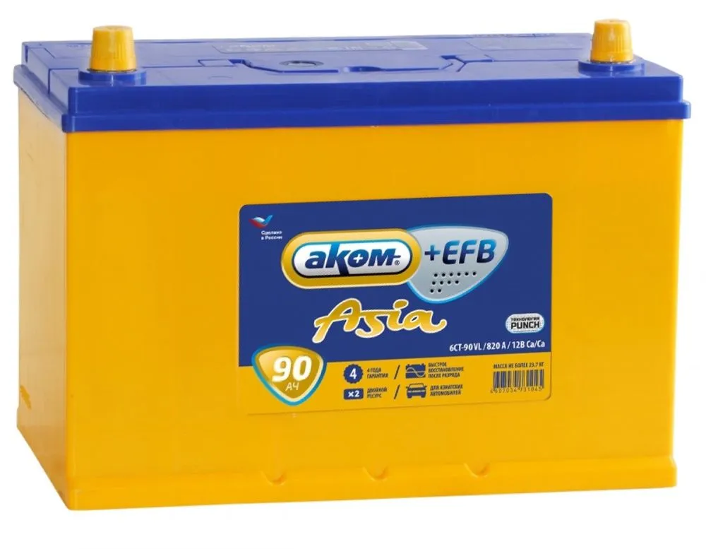 Аккумулятор AKOM EFB 90 Ач, 850 А, 12 v, Прямая L+ (1), JIS D31, B13