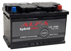 Аккумулятор ALFA Hybrid 74 Ач, низк. 720 А, 12 v, Обратная R+ (0), DIN LB3, B13