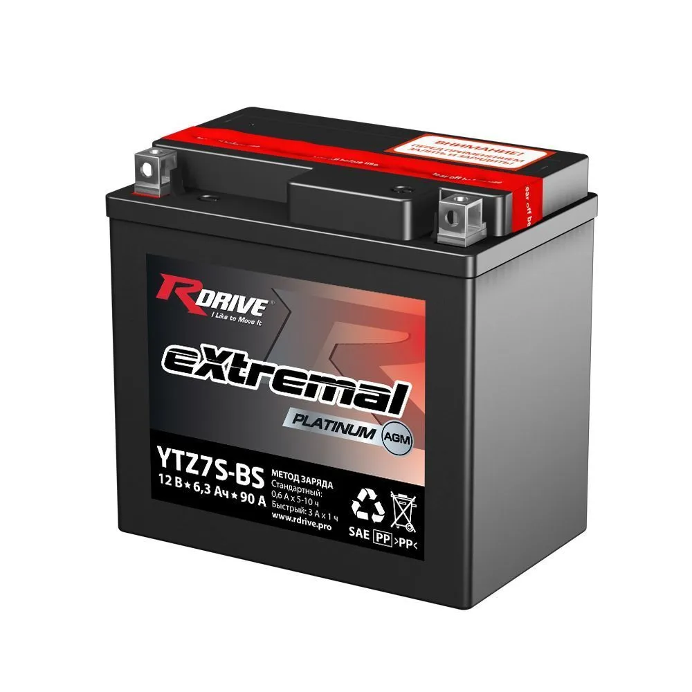 Аккумулятор RDrive YTZ7S-BS eXtremal Platinum AGM 6.3 Ач, 90 А, 12 v, Обратная R+ (0)