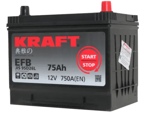 Фото Аккумулятор KRAFT EFB 75 Ач, 750 А, 12 v, Обратная R+ (0), JIS D26, B13