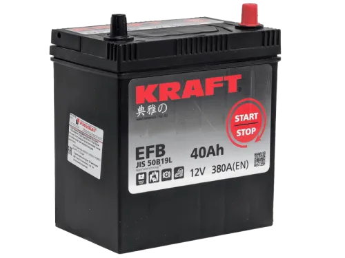 Фото Аккумулятор KRAFT EFB 40 Ач, 380 А, 12 v, Обратная R+ (0), JIS B19, B00