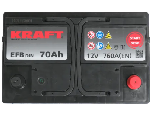 Фото Аккумулятор KRAFT EFB 70 Ач, 760 А, 12 v, Обратная R+ (0), DIN L3, B13