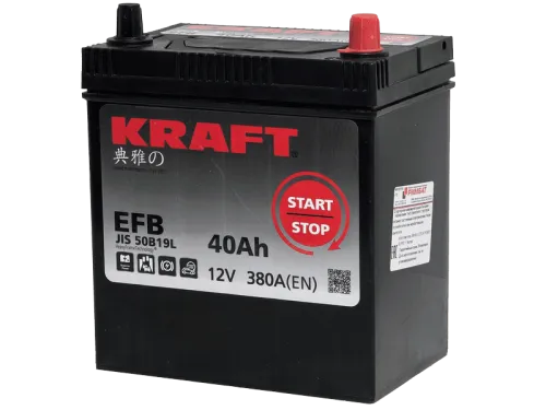 Фото Аккумулятор KRAFT EFB 40 Ач, 380 А, 12 v, Обратная R+ (0), JIS B19, B00