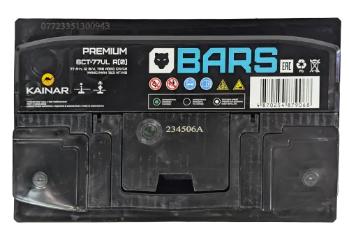 Фото Аккумулятор BARS Premium 77 Ач, 750 А, 12 v, Обратная R+ (0), DIN L3, B13