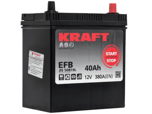 Фото Аккумулятор KRAFT EFB 40 Ач, 380 А, 12 v, Обратная R+ (0), JIS B19, B00