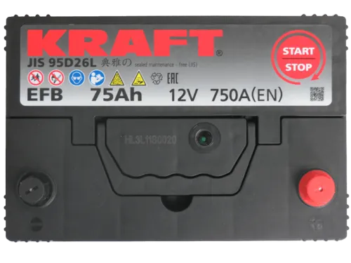 Фото Аккумулятор KRAFT EFB 75 Ач, 750 А, 12 v, Обратная R+ (0), JIS D26, B13