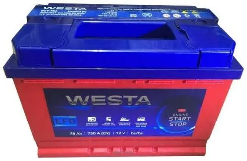 Фото Аккумулятор WESTA EFB 78 Ач, 750 А, 12 v, Обратная R+ (0), DIN L3, B13