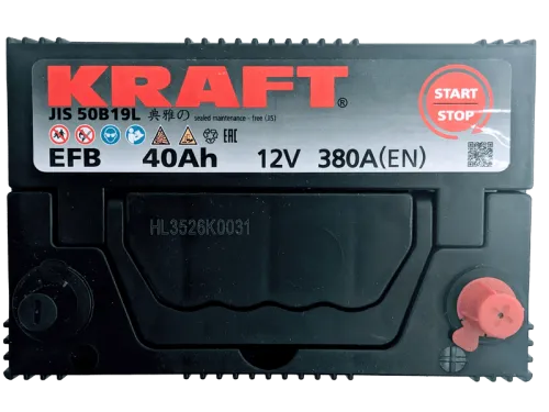 Фото Аккумулятор KRAFT EFB 40 Ач, 380 А, 12 v, Обратная R+ (0), JIS B19, B00