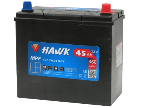 Фото Аккумулятор HAWK Asia 45 Ач, 360 А, 12 v, Обратная R+ (0), JIS B24, B00
