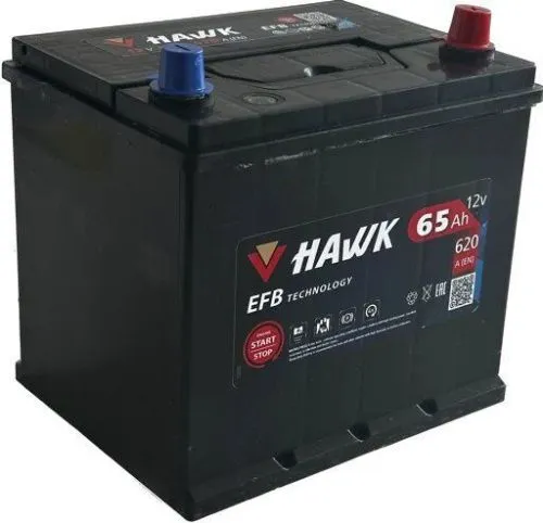 Фото Аккумулятор HAWK Asia EFB 65 Ач, 620 А, 12 v, Обратная R+ (0), JIS D23, B00