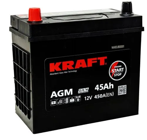 Фото Аккумулятор KRAFT AGM Asia 45 Ач, 450 А, 12 v, Прямая L+ (0), JIS B24, B00