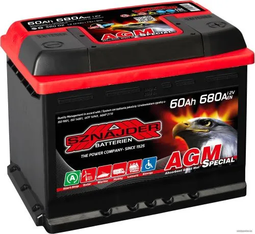Фото Аккумулятор SZNAJDER Special AGM 60 Ач, 680 А, 12 v, Обратная R+ (0), DIN L2, B13