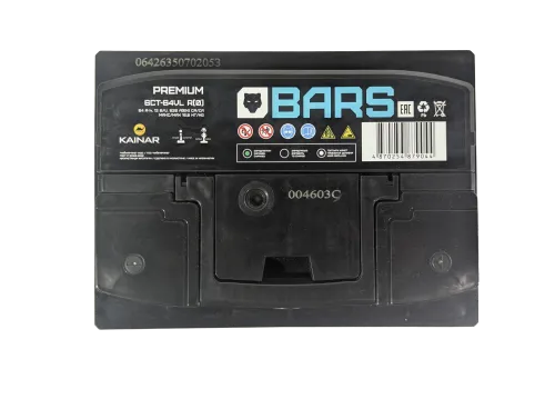 Фото Аккумулятор BARS Premium 64 Ач, 620 А, 12 v, Обратная R+ (0), DIN L2, B13