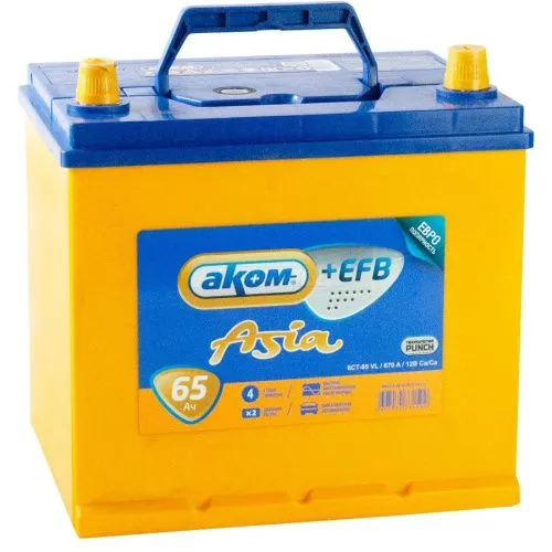 Фото Аккумулятор AKOM EFB 65 Ач, 700 А, 12 v, Обратная R+ (0), JIS D23, B00