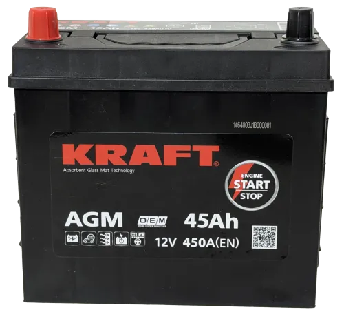 Фото Аккумулятор KRAFT AGM Asia 45 Ач, 450 А, 12 v, Прямая L+ (0), JIS B24, B00