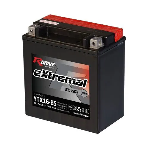 Аккумулятор RDrive YTX16-BS eXtremal Silver AGM 14.7 Ач, 230 А, 12 v, Прямая L+ (1) фото