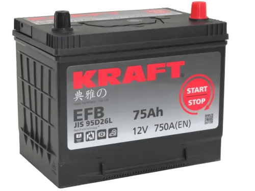 Фото Аккумулятор KRAFT EFB 75 Ач, 750 А, 12 v, Обратная R+ (0), JIS D26, B13