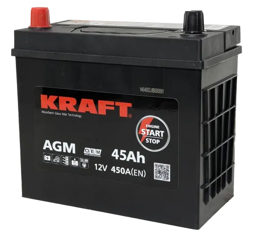 Фото Аккумулятор KRAFT AGM Asia 45 Ач, 450 А, 12 v, Прямая L+ (0), JIS B24, B00
