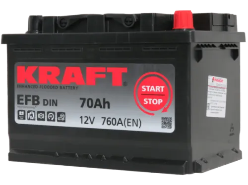 Фото Аккумулятор KRAFT EFB 70 Ач, 760 А, 12 v, Обратная R+ (0), DIN L3, B13