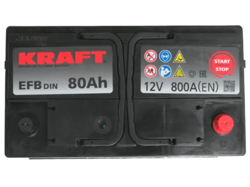 Фото Аккумулятор KRAFT EFB 80 Ач, 800 А, 12 v, Обратная R+ (0), DIN L4, B13