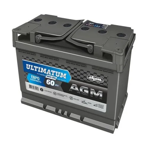 Фото Аккумулятор AKOM ULTIMATUM AGM 60 Ач, 680 А, 12 v, Обратная R+ (0), DIN L2, B13
