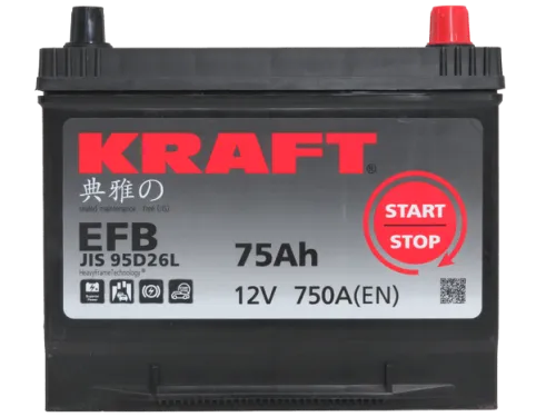 Фото Аккумулятор KRAFT EFB 75 Ач, 750 А, 12 v, Обратная R+ (0), JIS D26, B13
