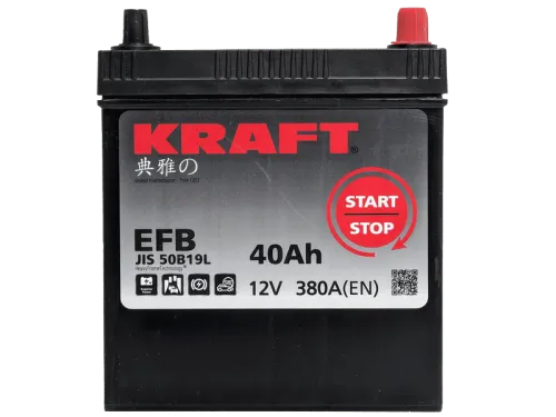 Фото Аккумулятор KRAFT EFB 40 Ач, 380 А, 12 v, Обратная R+ (0), JIS B19, B00