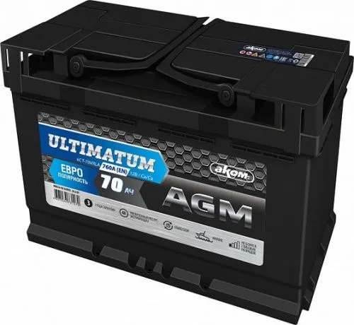 Фото Аккумулятор AKOM ULTIMATUM AGM 70 Ач, 760 А, 12 v, Обратная R+ (0), DIN L3, B13