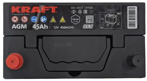Фото Аккумулятор KRAFT AGM Asia 45 Ач, 450 А, 12 v, Прямая L+ (0), JIS B24, B00