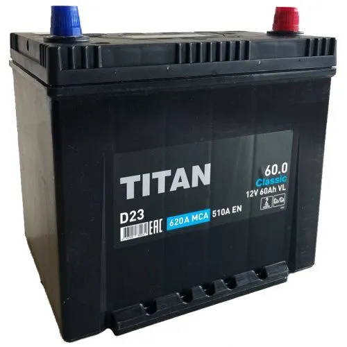 Фото Аккумулятор TITAN Classic 60 Ач, 510 А, 12 v, Обратная R+ (0), JIS D23, B00