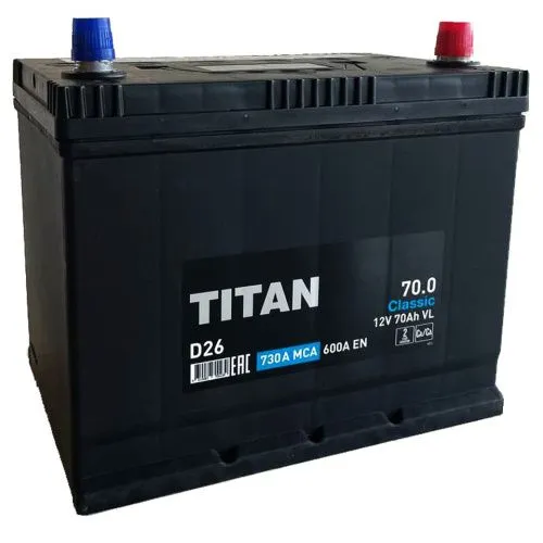 Фото Аккумулятор TITAN Classic 70 Ач, 600 А, 12 v, Обратная R+ (0), JIS D26, B13