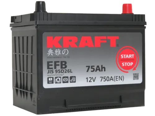 Фото Аккумулятор KRAFT EFB 75 Ач, 750 А, 12 v, Обратная R+ (0), JIS D26, B13