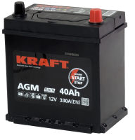 Аккумулятор KRAFT AGM 40 Ач с бортом, 330 А, 12 v, Обратная R+ (0), JIS B19, B00