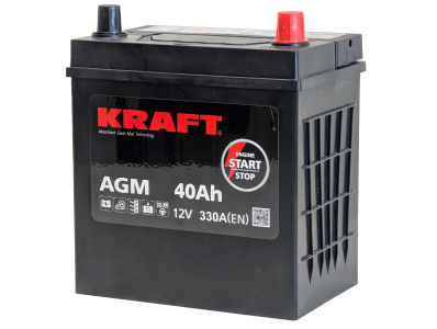 Аккумулятор KRAFT AGM 40 Ач, 330 А, 12 v, Обратная R+ (0), JIS B19, B00