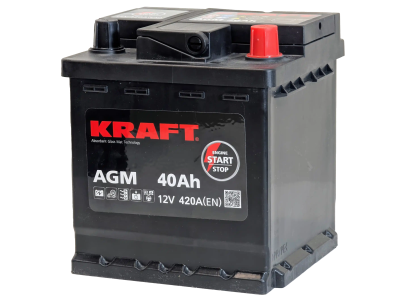 Аккумулятор KRAFT AGM 40 Ач, 420 А, 12 v, Обратная R+ (0), DIN L0, B13