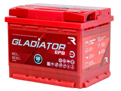 Аккумулятор GLADIATOR EFB 60 Ач, 600 А, 12 v, Обратная R+ (0), DIN L2, B13