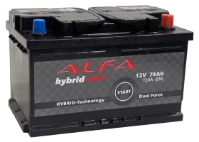 Аккумулятор ALFA Hybrid 74 Ач, низк. 720 А, 12 v, Обратная R+ (0), DIN LB3, B13