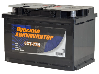 Аккумулятор КУРСКИЙ АККУМУЛЯТОР 77 Ач, 670 А, 12 v, Обратная R+ (0), DIN L3, B13