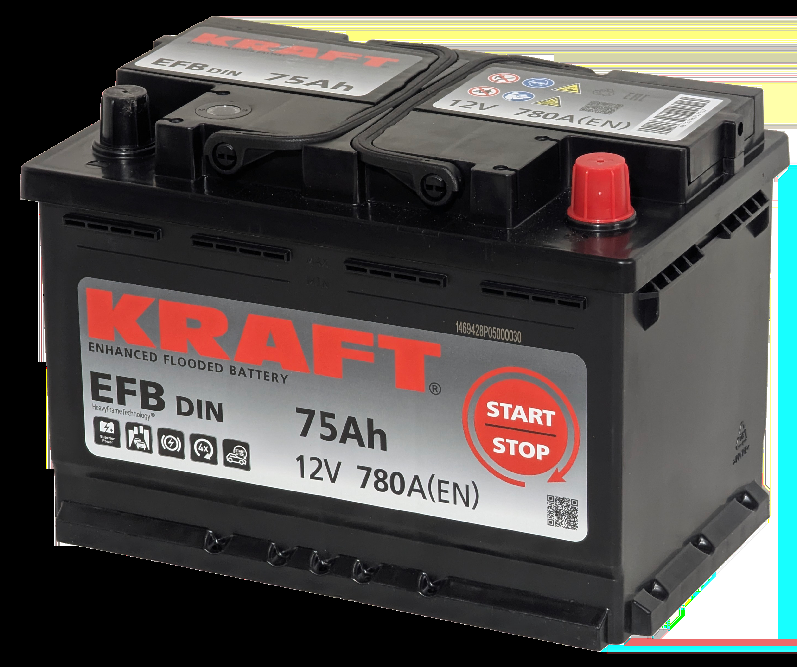 Аккумулятор KRAFT EFB 75 Ач, 780 А, 12 v, Обратная R+ (0), DIN L3