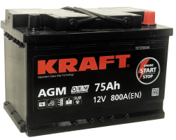 Аккумулятор KRAFT AGM 75 Ач, 800 А, 12 v, Обратная R+ (0), DIN L3, B13