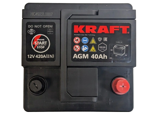 Фото Аккумулятор KRAFT AGM 40 Ач, 420 А, 12 v, Обратная R+ (0), DIN L0, B13