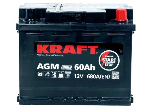 Фото Аккумулятор KRAFT AGM 60 Ач, 680 А, 12 v, Обратная R+ (0), DIN L2, B13
