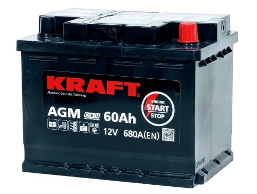 Фото Аккумулятор KRAFT AGM 60 Ач, 680 А, 12 v, Обратная R+ (0), DIN L2, B13